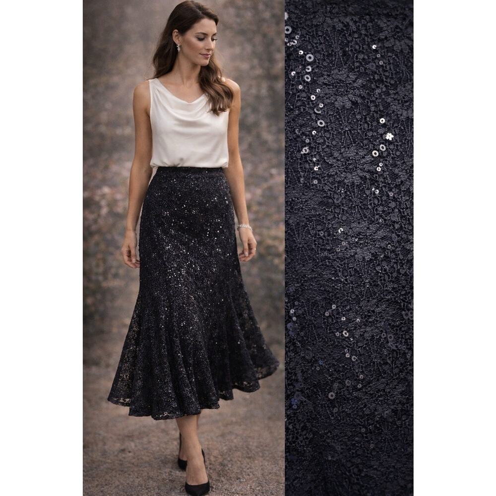 VTG Onyx Nite Black Lace Overlay Fluted Midi Skirt Beaded Whimsigoth Feminine L